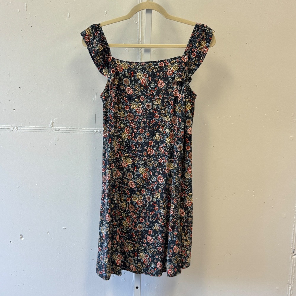 LOFT Floral Ruffle Strap Square Neck Mini Dress Black Multicolor Small Boho Soft